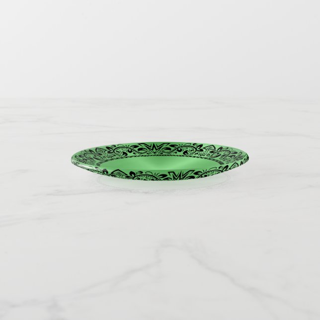 Black Floral Circle Metallic Green background Trinket Tray (Angled)