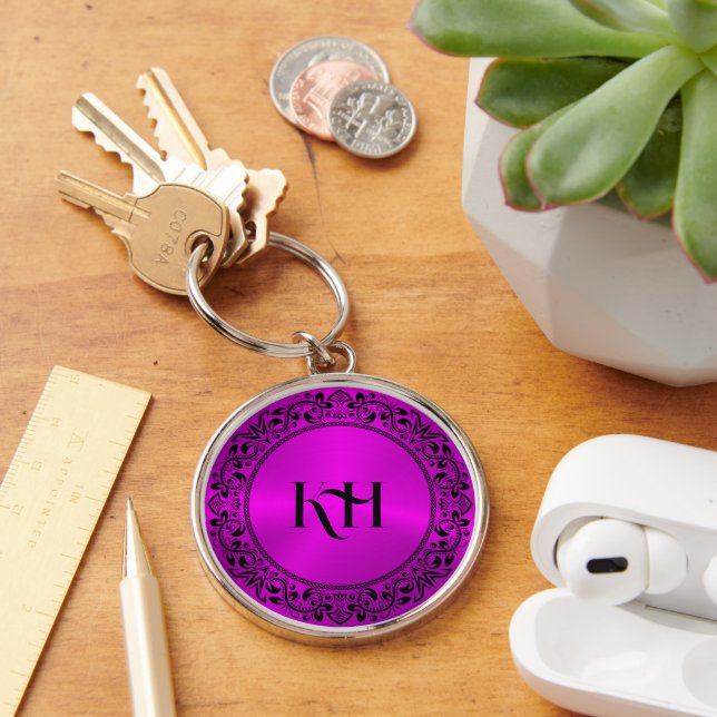 Black Floral Circle Metallic Pink Background Keychain (Desk)