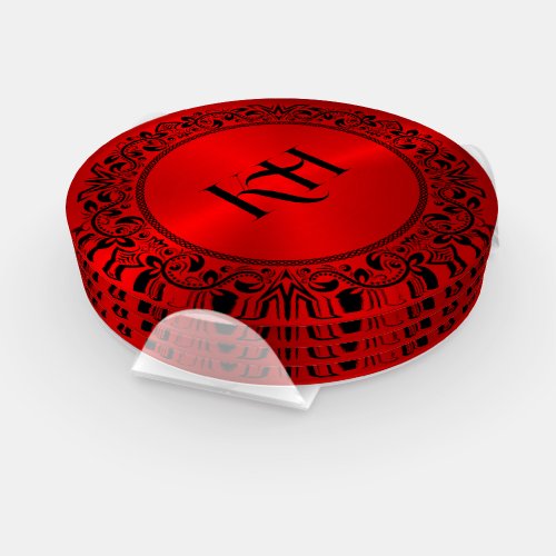 Black Floral Circle Metallic Red Background Coaster Set