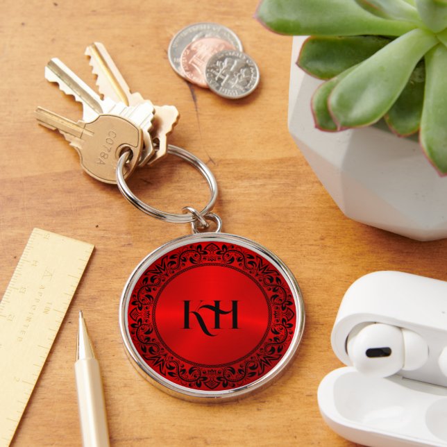 Black Floral Circle Metallic Red Background Keychain (Desk)