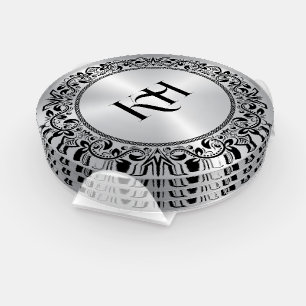 Black Floral Circle Metallic Silver background Coaster Set