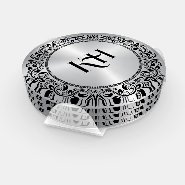 Black Floral Circle Metallic Silver background Coaster Set (Set)