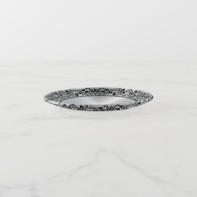 Black Floral Circle Metallic Silver background Trinket Tray (Angled)