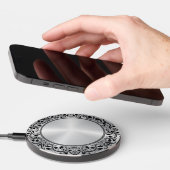 Black Floral Circle Metallic Silver background Wireless Charger (Hand)