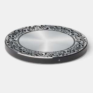 Black Floral Circle Metallic Silver background Wireless Charger