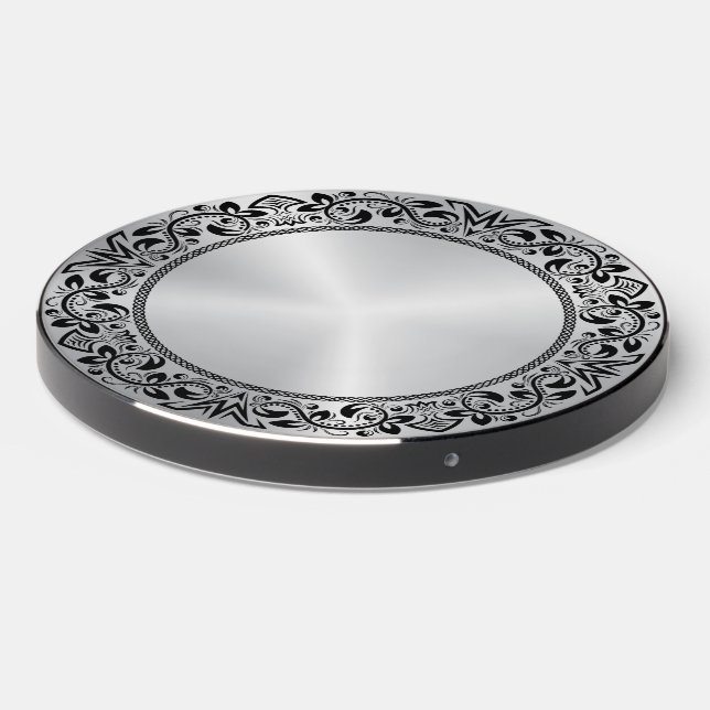 Black Floral Circle Metallic Silver background Wireless Charger (Front 2)