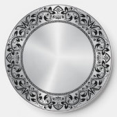 Black Floral Circle Metallic Silver background Wireless Charger (Front)
