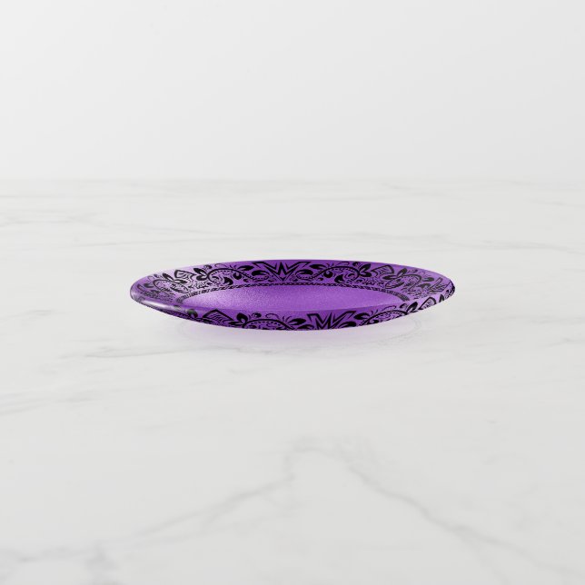 Black Floral Circle Purple Iridescent Texture Trinket Tray (Angled)