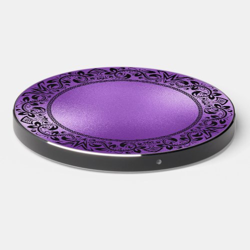 Black Floral Circle Purple Iridescent Texture Wireless Charger