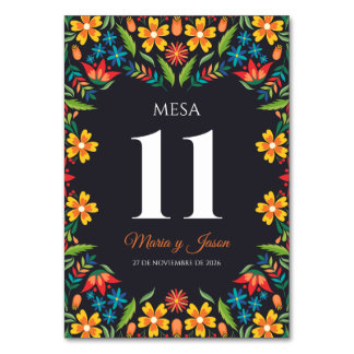 Black Floral Colorful Botanical Spanish Wedding Table Number