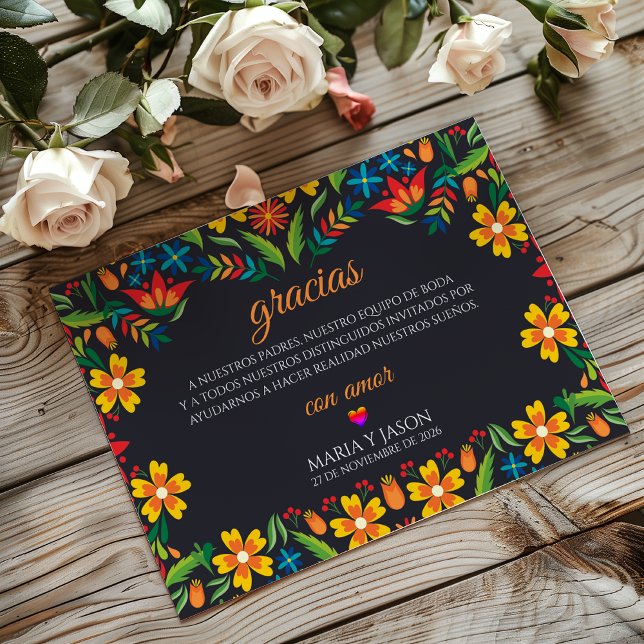 Black Floral Colorful Botanical Spanish Wedding Thank You Card (Black Floral Colorful Botanical Spanish Wedding Thank You Card)