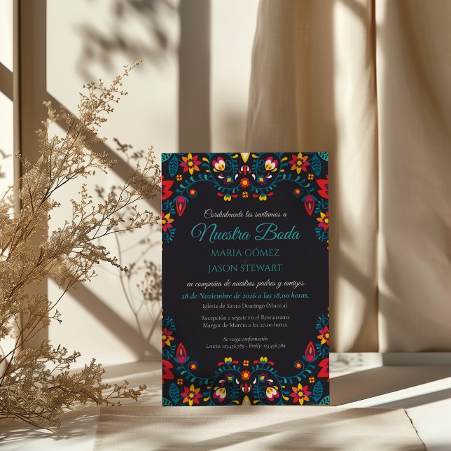 Black Floral Colorful Elegant Boda Spanish Wedding Invitation (Black Floral Colorful Elegant Boda Spanish Wedding Invitation)