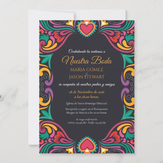Black Floral Colorful Fiesta Boda Spanish Wedding Invitation (Front)