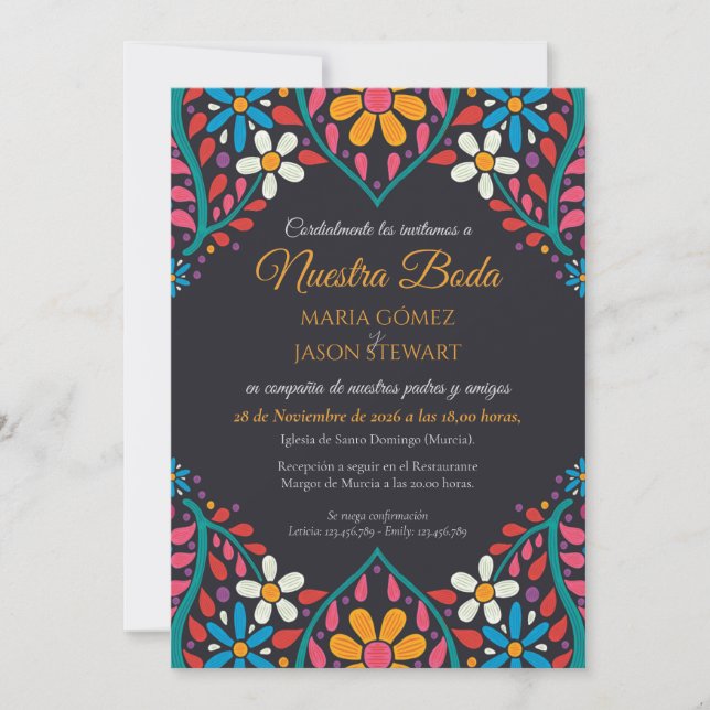 Black Floral Colorful Flowers Boda Spanish Wedding Invitation (Front)