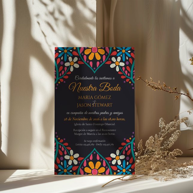Black Floral Colorful Flowers Boda Spanish Wedding Invitation (Black Floral Colorful Flowers Boda Spanish Wedding Invitation)