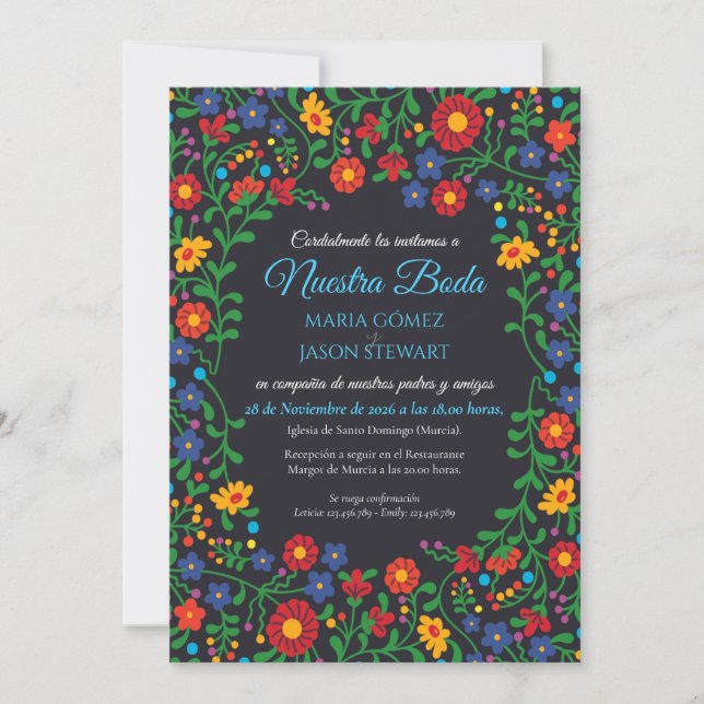 Black Floral Colorful Folk Art Spanish Wedding Invitation (Front)