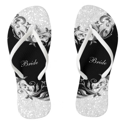Black Floral  Confetti Glitter  Wedding Flip Flops