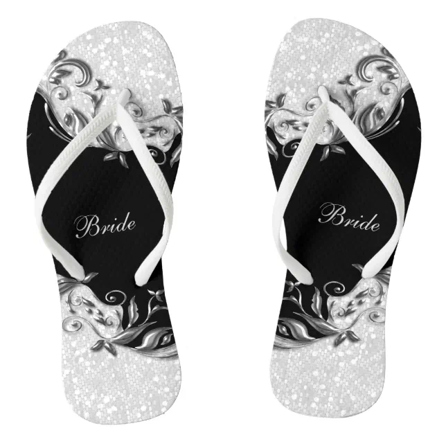 Black Floral And Confetti Glitter Wedding Flip Flops Zazzle