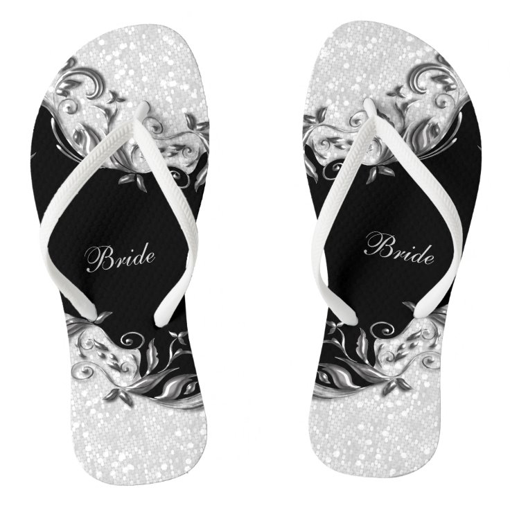 Black Floral & Confetti Glitter Wedding Flip Flops Zazzle