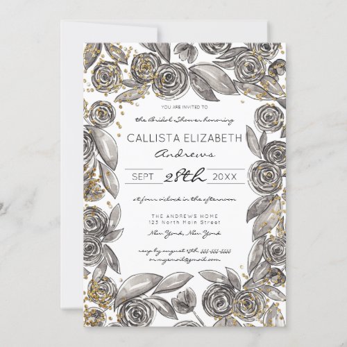 Black Floral Confetti Watercolor Bridal Shower Invitation