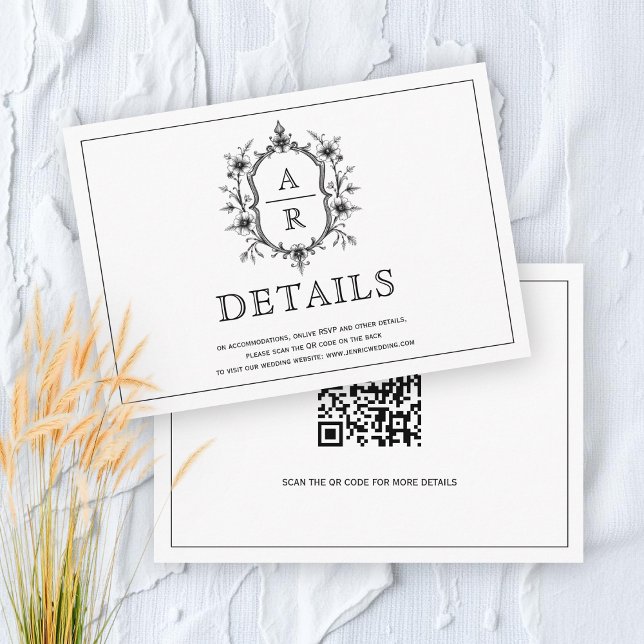 Black floral crest monogram wedding details enclosure card (Creator Uploaded)