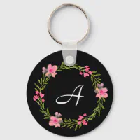 Pretty Feminine Pink Wreath Custom Monogram Keychain, Zazzle