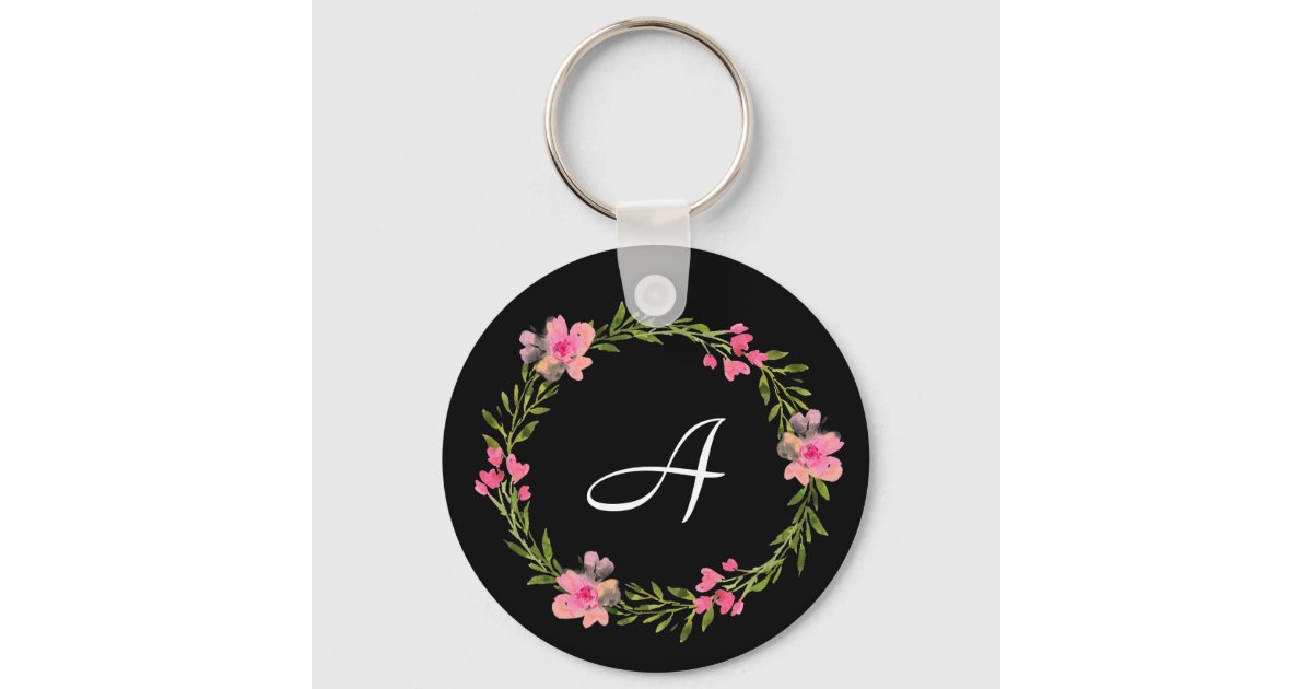 Pretty Feminine Pink Wreath Custom Monogram Keychain, Zazzle