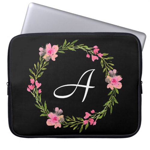 Black Floral Custom Monogram Laptop Sleeve
