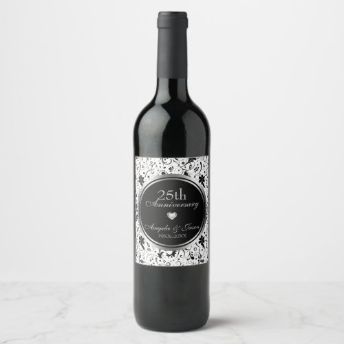 Black Floral Damask _ 25th Anniversary Wine Label