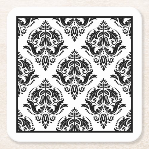 Black Floral Damask Geometric Design Square Paper Coaster