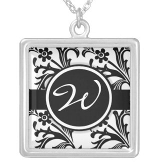 Black Floral Damask Monogrammed Initial Necklace