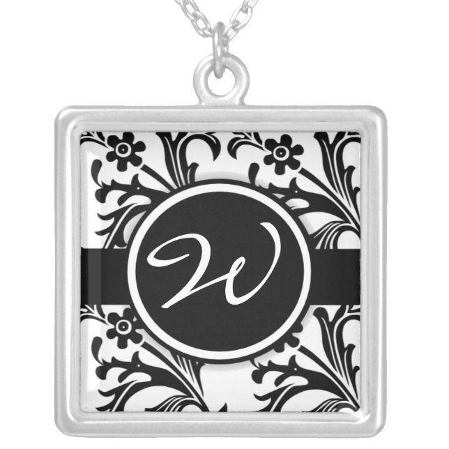 Black Floral Damask Monogrammed Initial Necklace (Front)