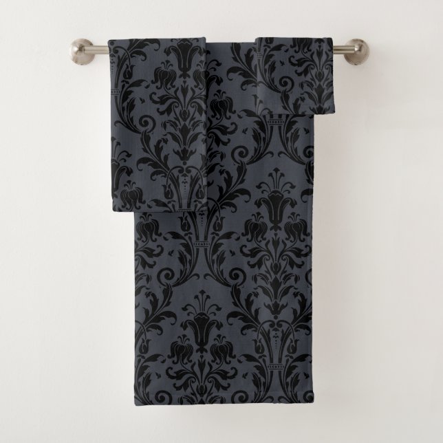 Black Floral Damask On Charcoal Gray Bath Towel Set (Insitu)