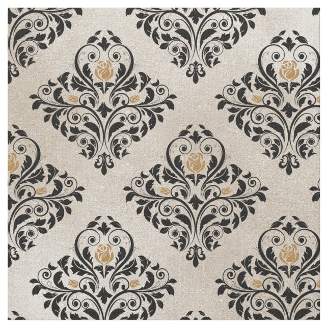 Black Floral Damask on Cream Fabric (Close Up)