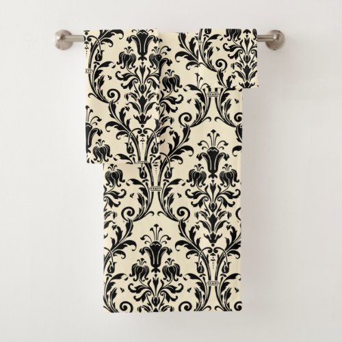 Black Floral Damask On Creamy Beige Vanilla Bath Towel Set