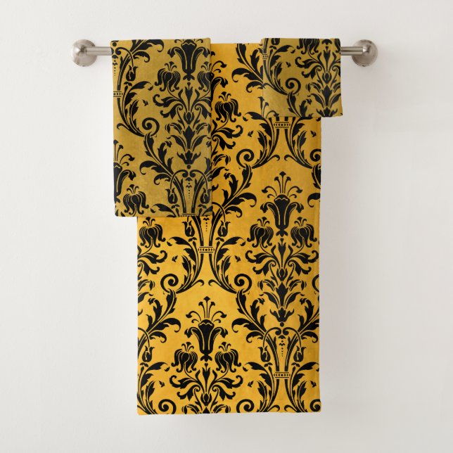 Black Floral Damask On Gold Bath Towel Set (Insitu)