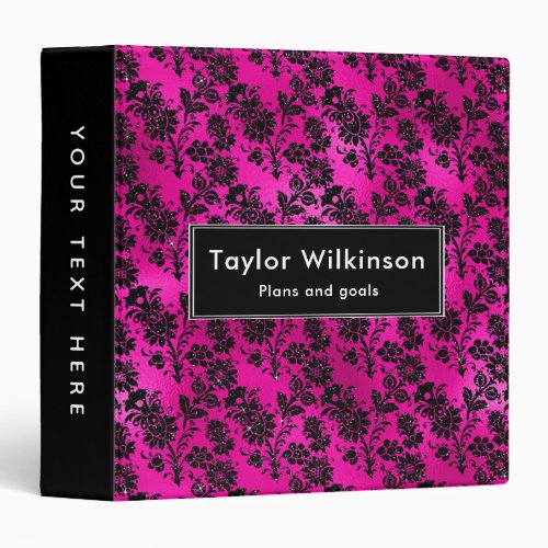 Black Floral Damask on Hot Pink 3 Ring Binder