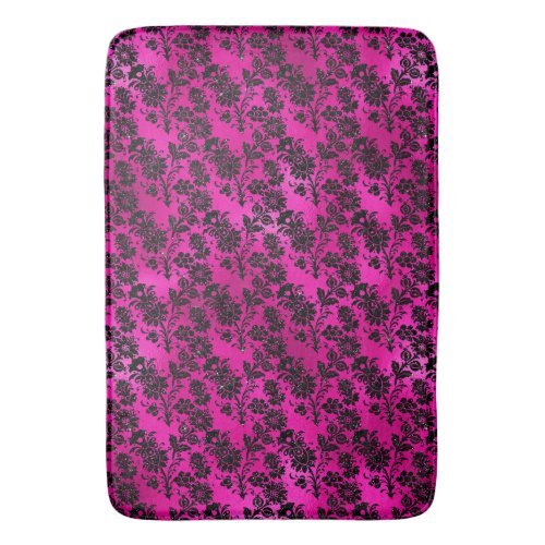 Black Floral Damask on Hot Pink Bath Mat