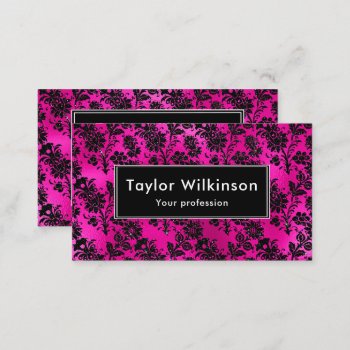 Black Floral Damask On Hot Pink Business Card by KirstyLouiseDesigns at Zazzle