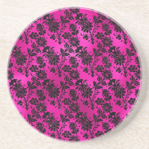 Black Floral Damask on Hot Pink Coaster