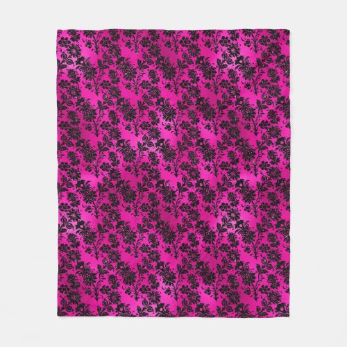 Black Floral Damask on Hot Pink Fleece Blanket