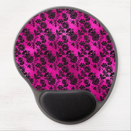 Black Floral Damask on Hot Pink Gel Mouse Pad