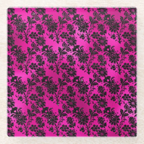 Black Floral Damask on Hot Pink Glass Coaster