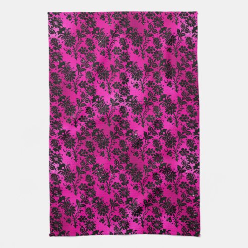 Black Floral Damask on Hot Pink Kitchen Towel
