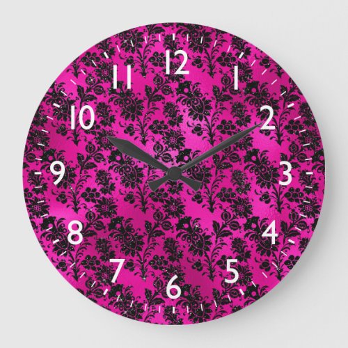 Black Floral Damask on Hot Pink Large Clock
