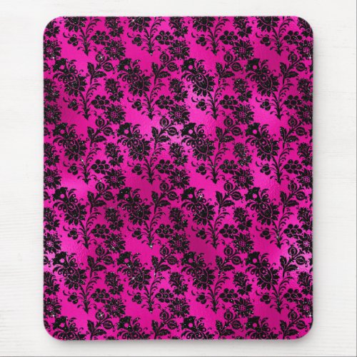 Black Floral Damask on Hot Pink Mouse Pad