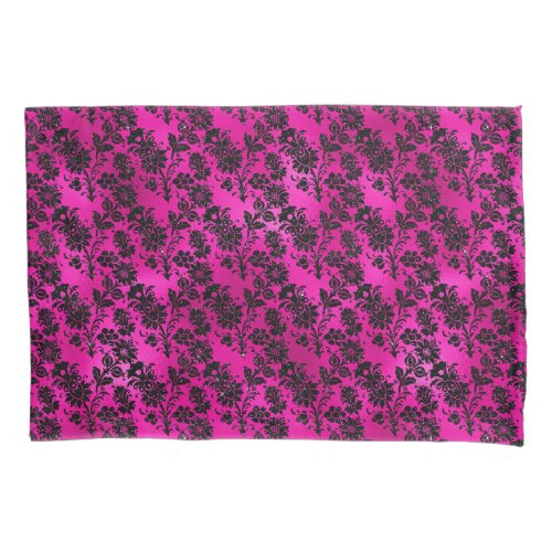 Black Floral Damask on Hot Pink Pillow Case