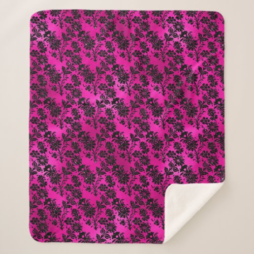 Black Floral Damask on Hot Pink Sherpa Blanket