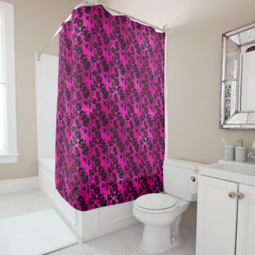 Black Floral Damask on Hot Pink Shower Curtain