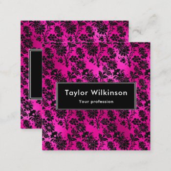 Black Floral Damask On Hot Pink Square Business Card by KirstyLouiseDesigns at Zazzle